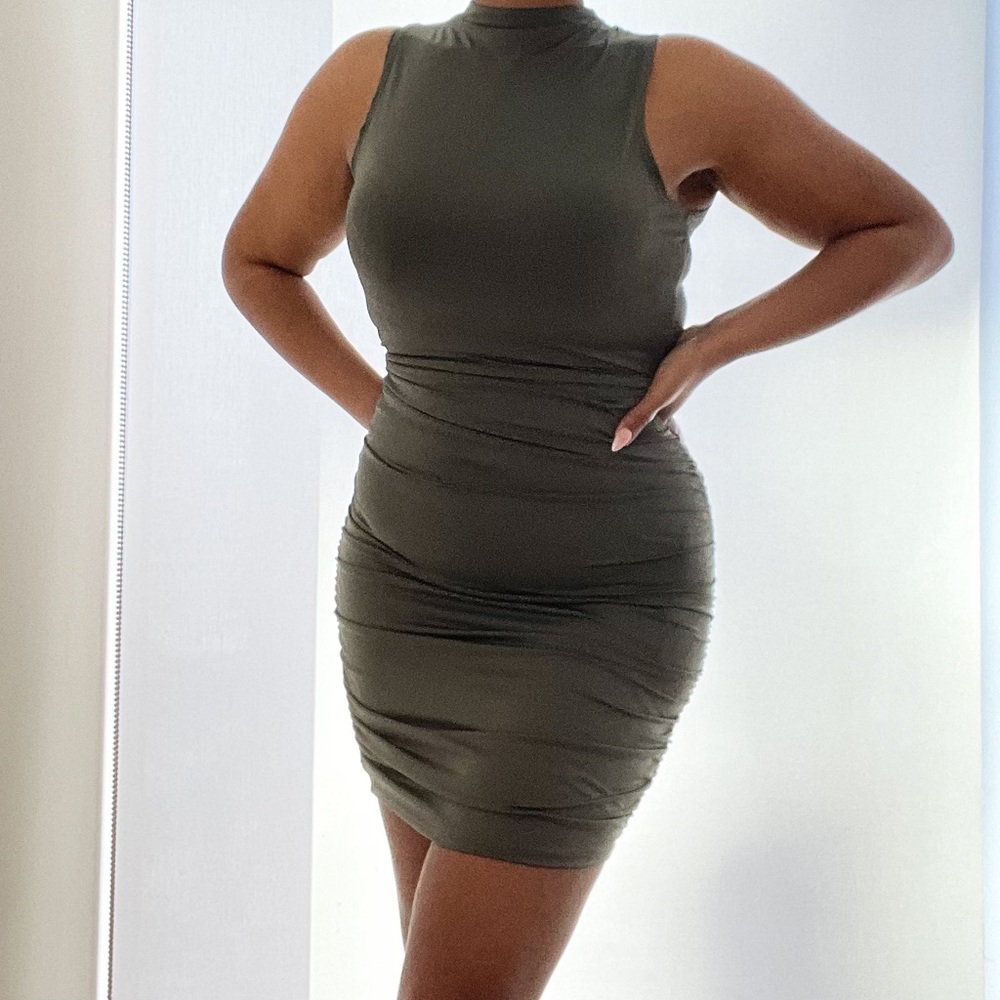Olive Green Ruched Sleeveless Bodycon Mini Dress with Cutout Back